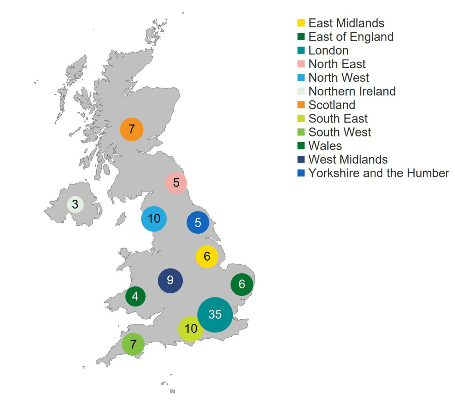 A map of the United Kingdom with bubbles showing the count of licensed clinics for each geographical area in financial year 2023/24. Numbers in main text.